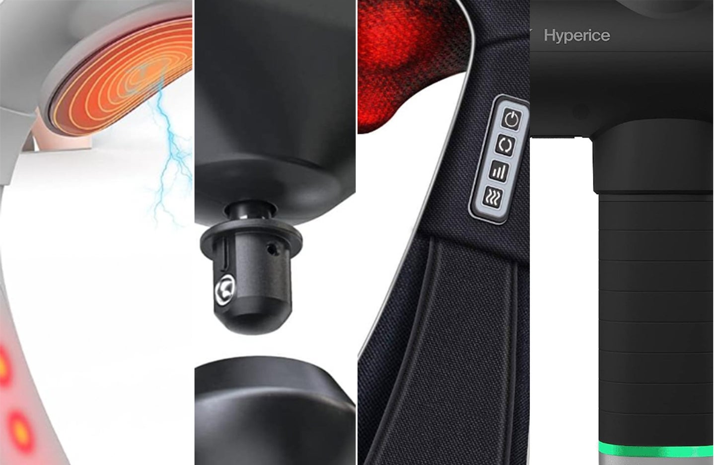 Details of neck massagers from Homedics, Hyperice, Theragun, and Comfier