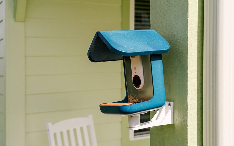 A blue Bird Buddy bird feeder mounted to a post on a front porch.