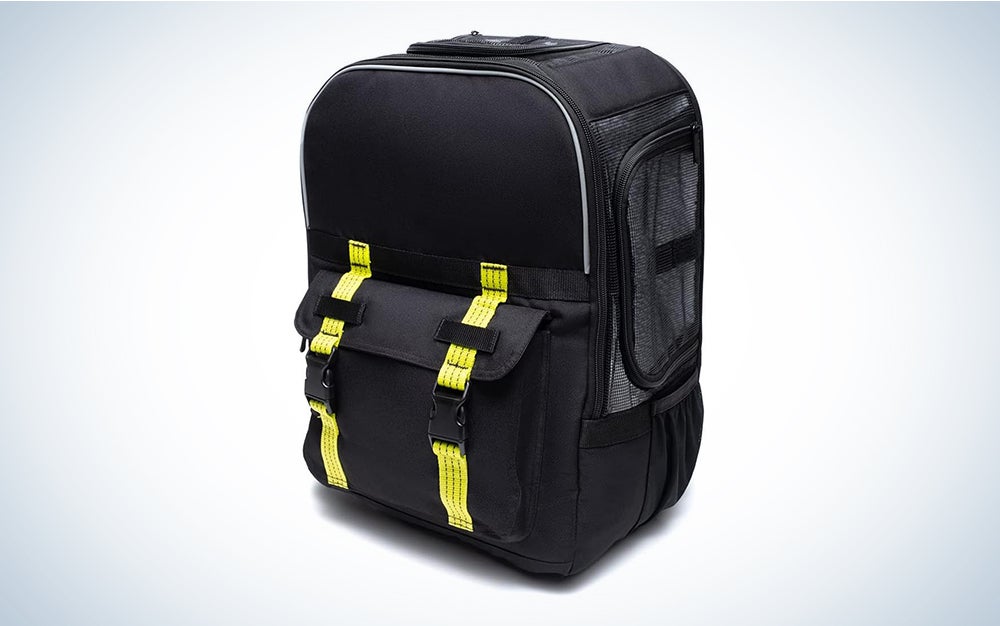 Black and yellow ROVERLUND Airline Compliant Pet Backpack on a light background