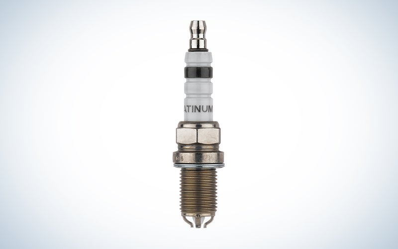 Bosch 4417 Platinum+4 FGR7DQP Spark Plug over a white background with a gradient