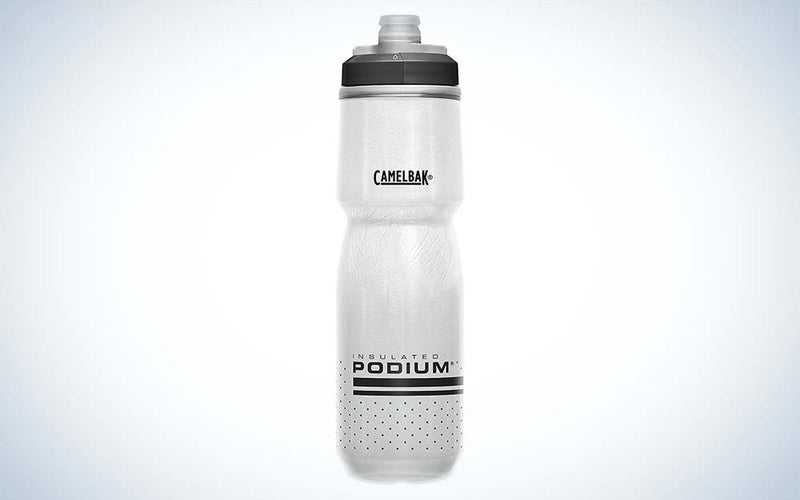 A clear plastic insulated water bottle by Camelbak with a a black cover.