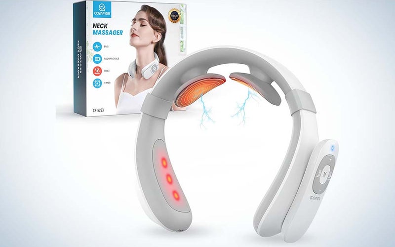 A white semi-circular heated neck massager with controls made by Comfier in front of a product box.