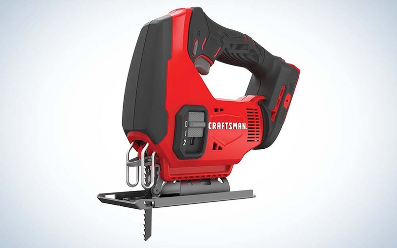 A red and black Craftsman V20 cordless jig saw.