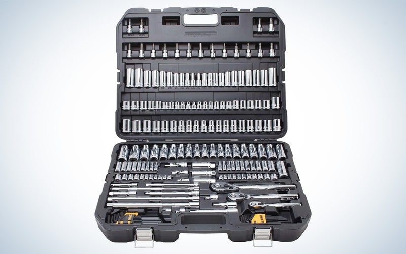 DeWalt's mechanic's tool set on sale for black friday on a plain background