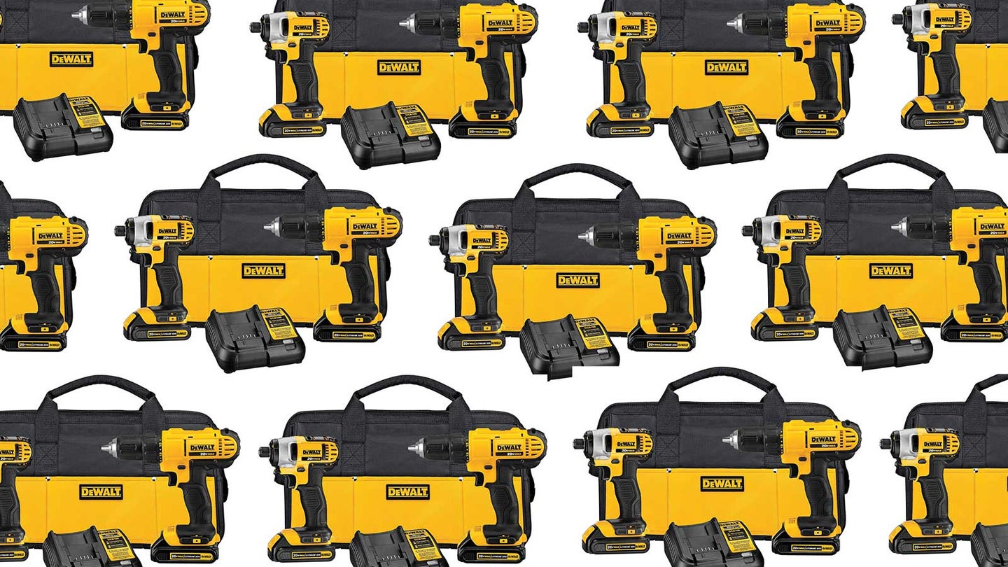 DeWalt drill and driver kits arranged in a pattern on a white background for Black Friday