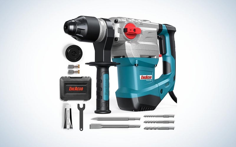 Eneacro 1-1/4 Inch SDS-Plus Rotary Hammer Drill with attachments on a white background