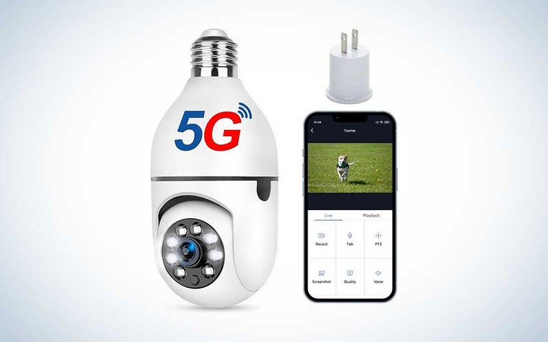GuFamily Light Bulb Security Camera smartphone and a plug over a white background