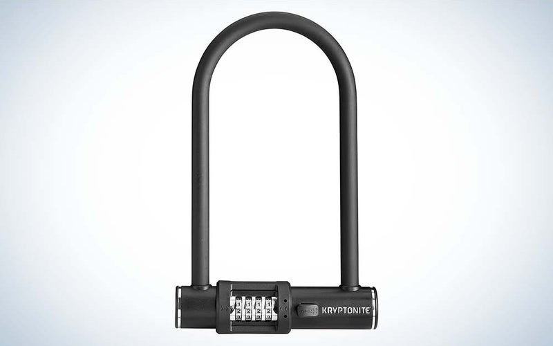 A steel U-shaped bike lock with a combination on the front from Kryptonite.
