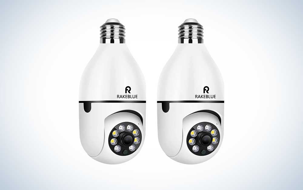 two RakeBlue Light Bulb Cameras over a white background