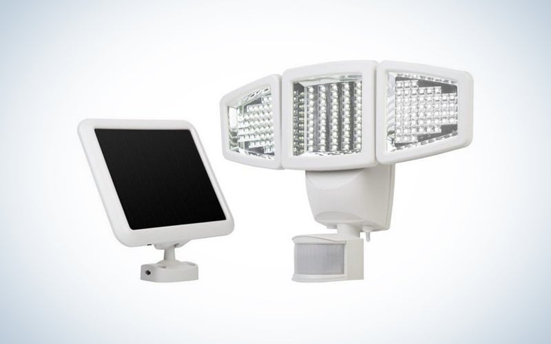 Sunforce Triple Head Solar Motion Light and solar panel on a white background